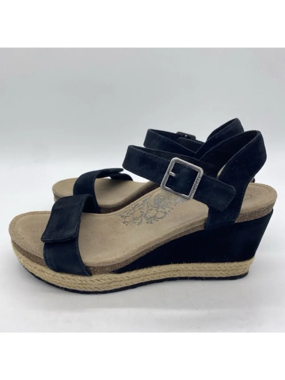 Aetrex Black Suede Wedge Espadrille Sandals